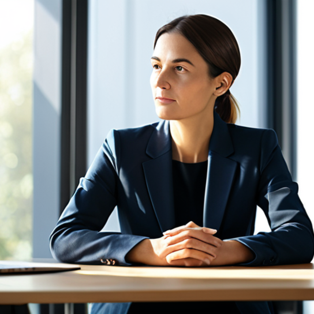 A serene professional woman in modest, comfortable business casual attire, seated calmly at a sleek wooden desk in a modern, sunlit minimalist workspace. She is practicing a mindful moment, with a thoughtful, composed expression, a subtle aura of calm light emanating softly around her head symbolizing mental clarity and peace. The background is softly blurred, conveying a sense of focused tranquility. Safe for work, appropriate content, fully clothed, professional, perfect anatomy, correct proportions, natural pose, well-formed hands, proper finger count, natural body proportions, high-quality digital painting, soft ambient lighting.