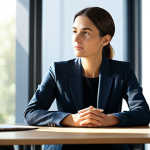 A serene professional woman in modest, comfortable business casual attire, seated calmly at a sleek wooden desk in a modern, sunlit minimalist workspace. She is practicing a mindful moment, with a thoughtful, composed expression, a subtle aura of calm light emanating softly around her head symbolizing mental clarity and peace. The background is softly blurred, conveying a sense of focused tranquility. Safe for work, appropriate content, fully clothed, professional, perfect anatomy, correct proportions, natural pose, well-formed hands, proper finger count, natural body proportions, high-quality digital painting, soft ambient lighting.