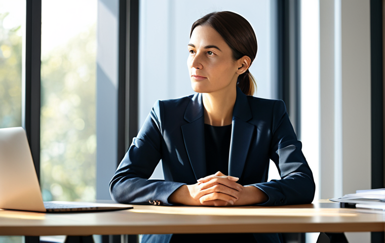 A serene professional woman in modest, comfortable business casual attire, seated calmly at a sleek wooden desk in a modern, sunlit minimalist workspace. She is practicing a mindful moment, with a thoughtful, composed expression, a subtle aura of calm light emanating softly around her head symbolizing mental clarity and peace. The background is softly blurred, conveying a sense of focused tranquility. Safe for work, appropriate content, fully clothed, professional, perfect anatomy, correct proportions, natural pose, well-formed hands, proper finger count, natural body proportions, high-quality digital painting, soft ambient lighting.