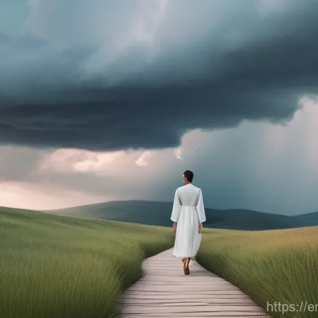 정신적 회복탄력성과 생활의 질 향상 - **Prompt:** A serene and empowered adult figure stands confidently on a path winding through a gentl...