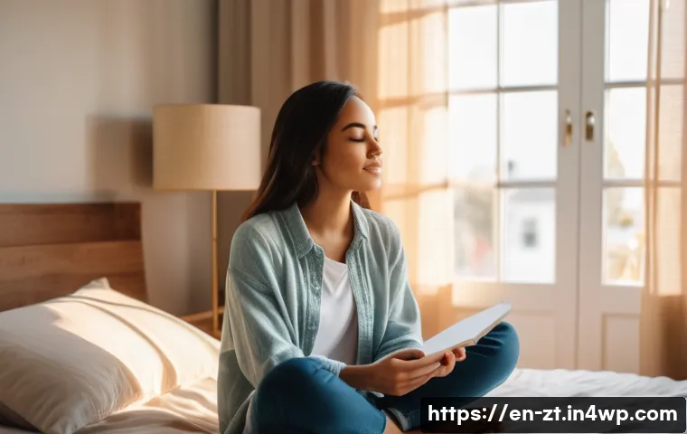 정신적 회복탄력성을 위한 긍정적 메세지 - A serene morning scene in a cozy, sunlit bedroom with a young adult sitting cross-legged on a bed, e...