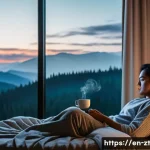 Home 21 정신적 회복탄력성을 위한 생활 습관 변화 - A cozy bedroom scene at dusk, featuring a person in comfortable pajamas dimming warm ambient lights ...