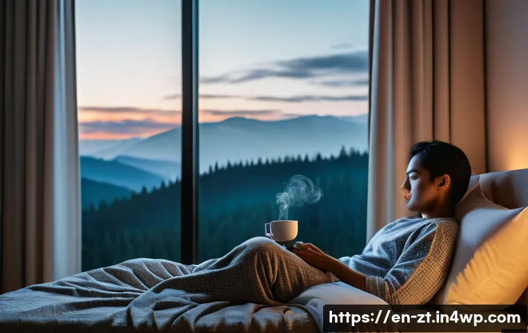 정신적 회복탄력성을 위한 생활 습관 변화 - A cozy bedroom scene at dusk, featuring a person in comfortable pajamas dimming warm ambient lights ...