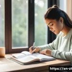 Home 20 정신적 회복탄력성과 자기효능감의 관계 - A serene scene of a young adult woman journaling at a cozy wooden desk by a large window with mornin...