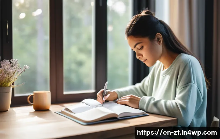 정신적 회복탄력성과 자기효능감의 관계 - A serene scene of a young adult woman journaling at a cozy wooden desk by a large window with mornin...