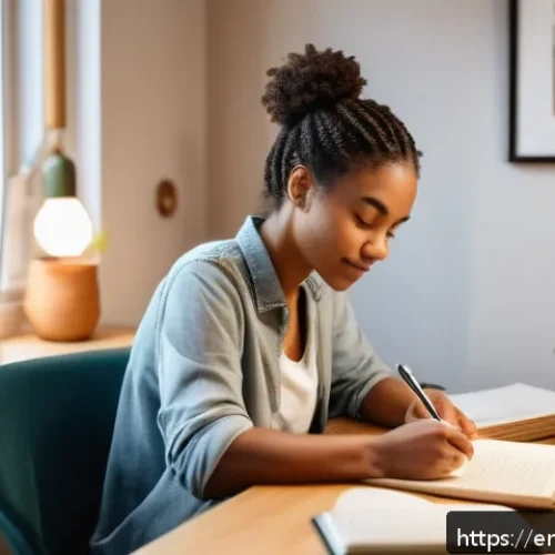 Home 31 회복탄력성을 위한 심리적 기술 연습 - A calm and focused young adult woman sitting at a cozy desk in a softly lit modern home office, writ...