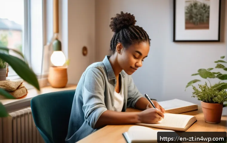 회복탄력성을 위한 심리적 기술 연습 - A calm and focused young adult woman sitting at a cozy desk in a softly lit modern home office, writ...