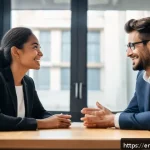 Home 18 회복탄력성을 높이는 대화 기술 - A warm, inviting office meeting scene with two diverse professionals engaged in a deep conversation,...