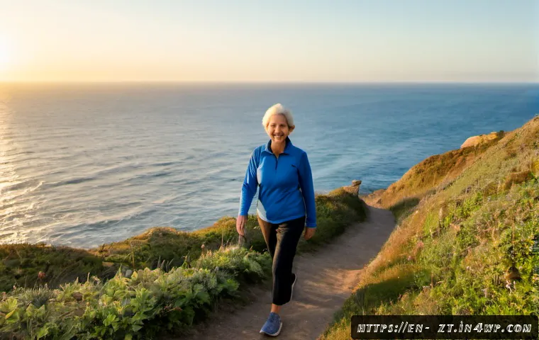 Home 17 정신적 회복탄력성을 높이는 성공적인 사례 - Photorealistic scene of a middle-aged woman completing a peaceful morning walk on a sunlit coastal t...